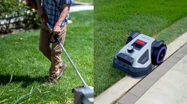 String trimmer for edge trimming and robotic mower for on-edge mowing compared.