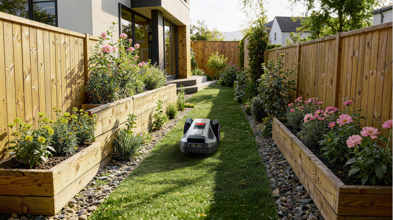A compact robot lawn mower precisely cuts a narrow strip of grass between raised wooden flower beds, demonstrating its agility and space-saving design in a small, complex garden layout.