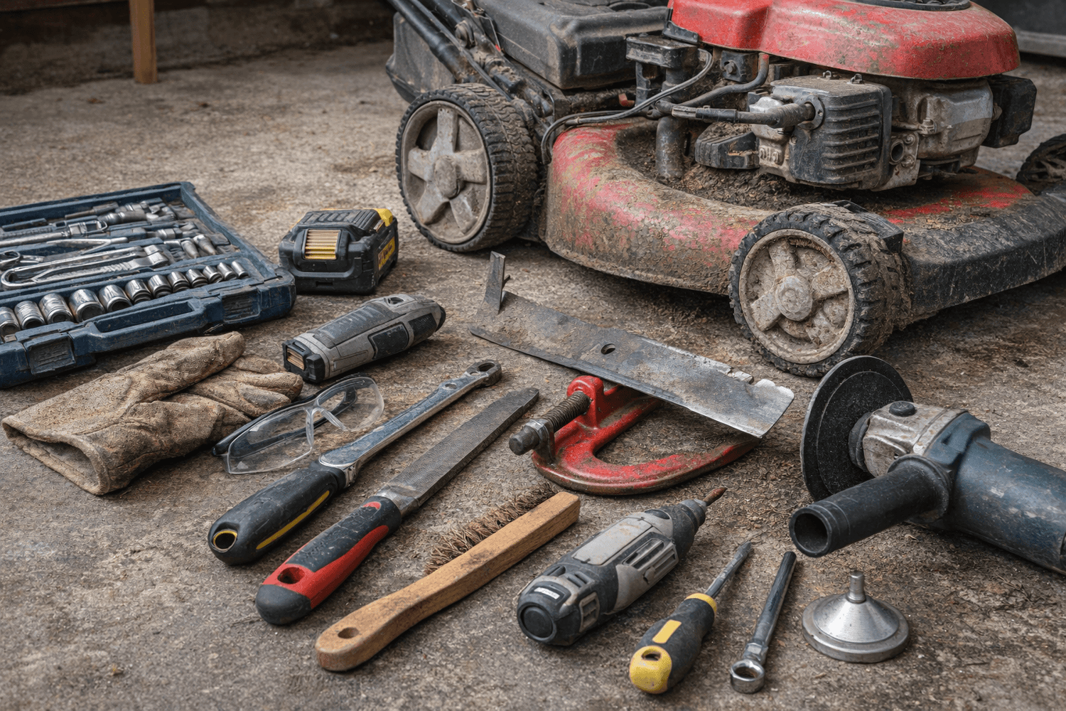 Tools and safety gear needed to sharpen the blades on a lawn mower, including gloves, file, wrench, clamp, and grinder beside the mower.