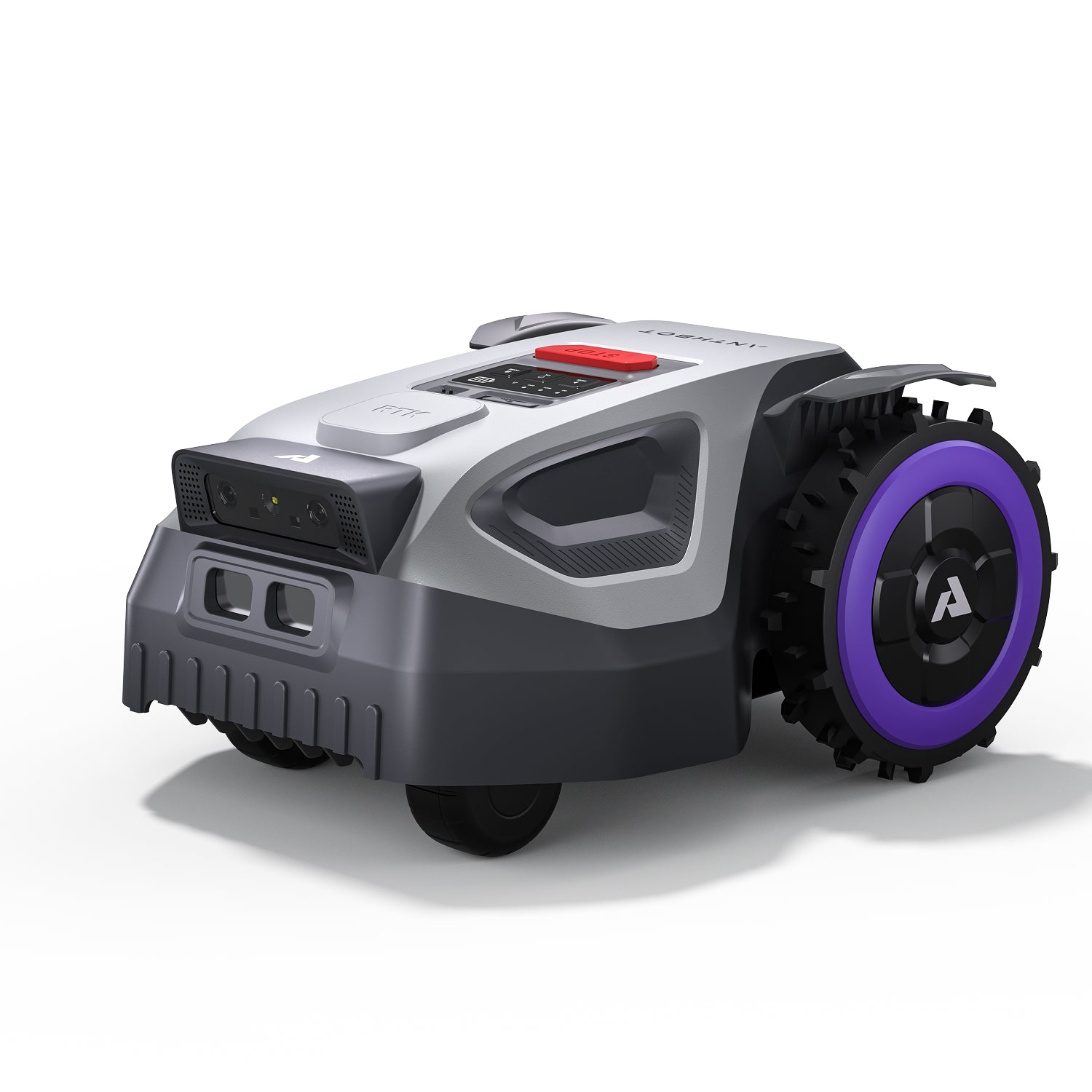 Front angled view of ANTHBOT M5 RTK robot lawn mower with vision system, front bumper, and large side wheel,products