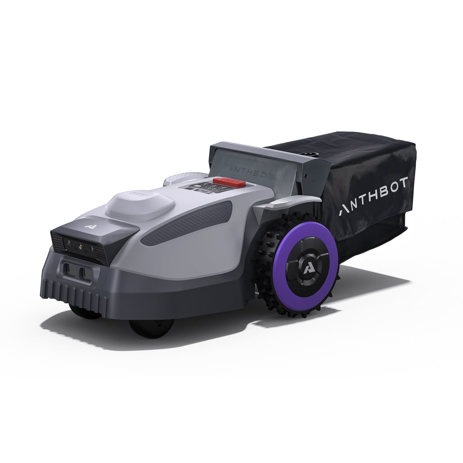 Front angled view of ANTHBOT N8 robot lawn mower with auto-dumping grass bag attached,products