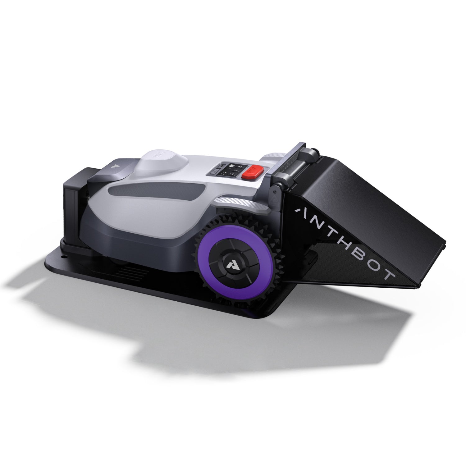 Side view of ANTHBOT N8 robot lawn mower docked with raised rear collection bag,products