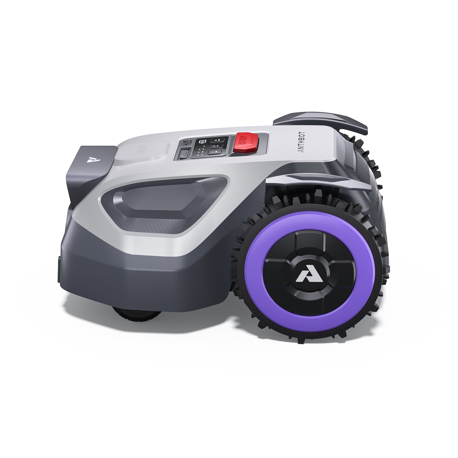 ANTHBOT M9 compact wire-free smart lawn mower in angled side view with large traction wheel for lawns up to 1000m²,products