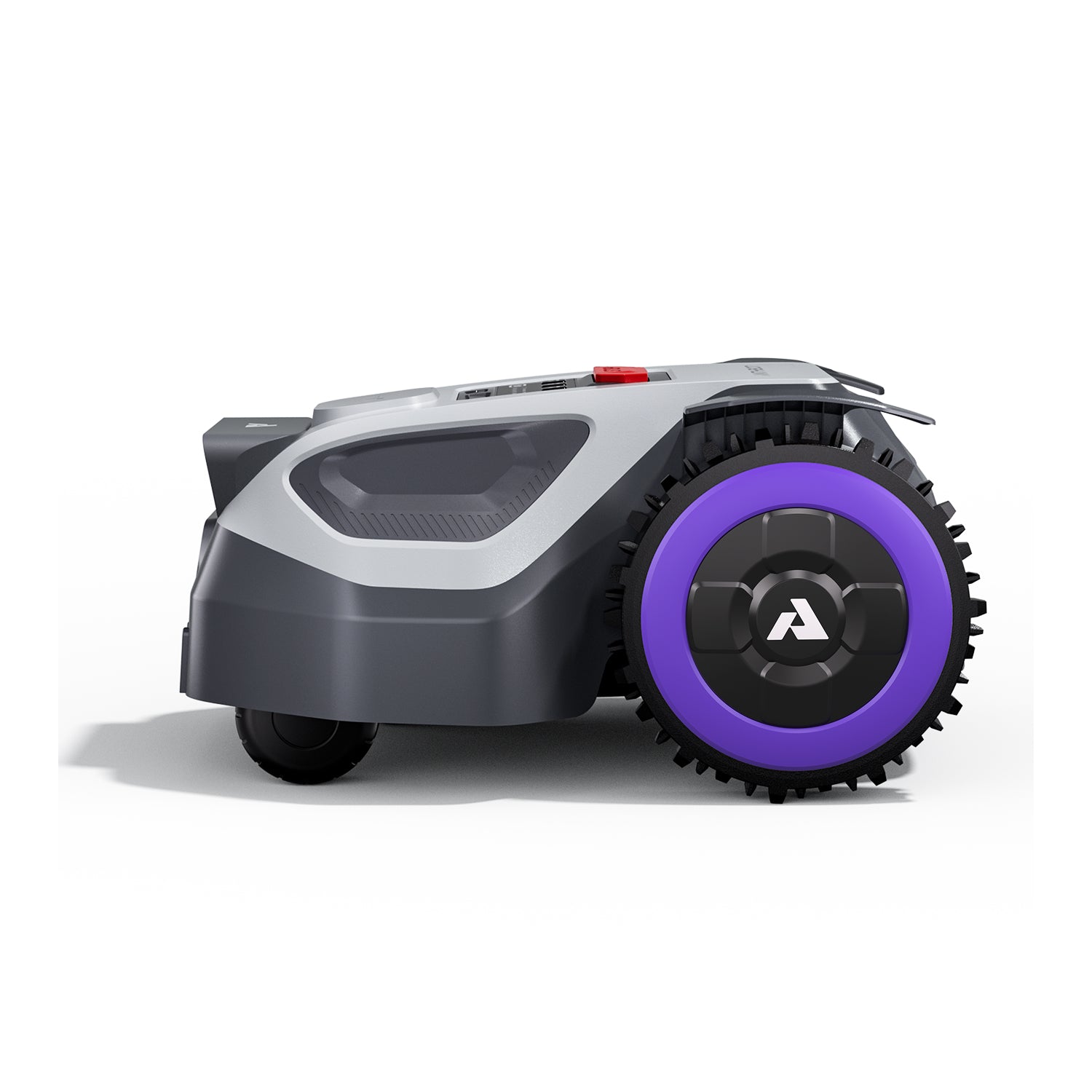 Side profile of ANTHBOT M5 wire-free lawn mower showing its low body and oversized treaded rear wheel,products