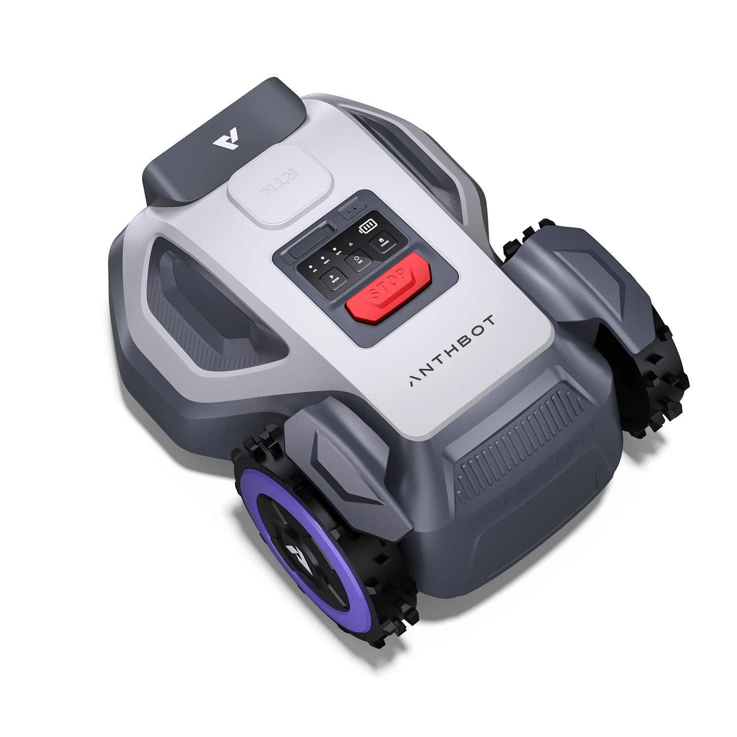 Top angled product view of ANTHBOT M5 compact wire-free lawn mower with red stop button and durable wheel guards,products