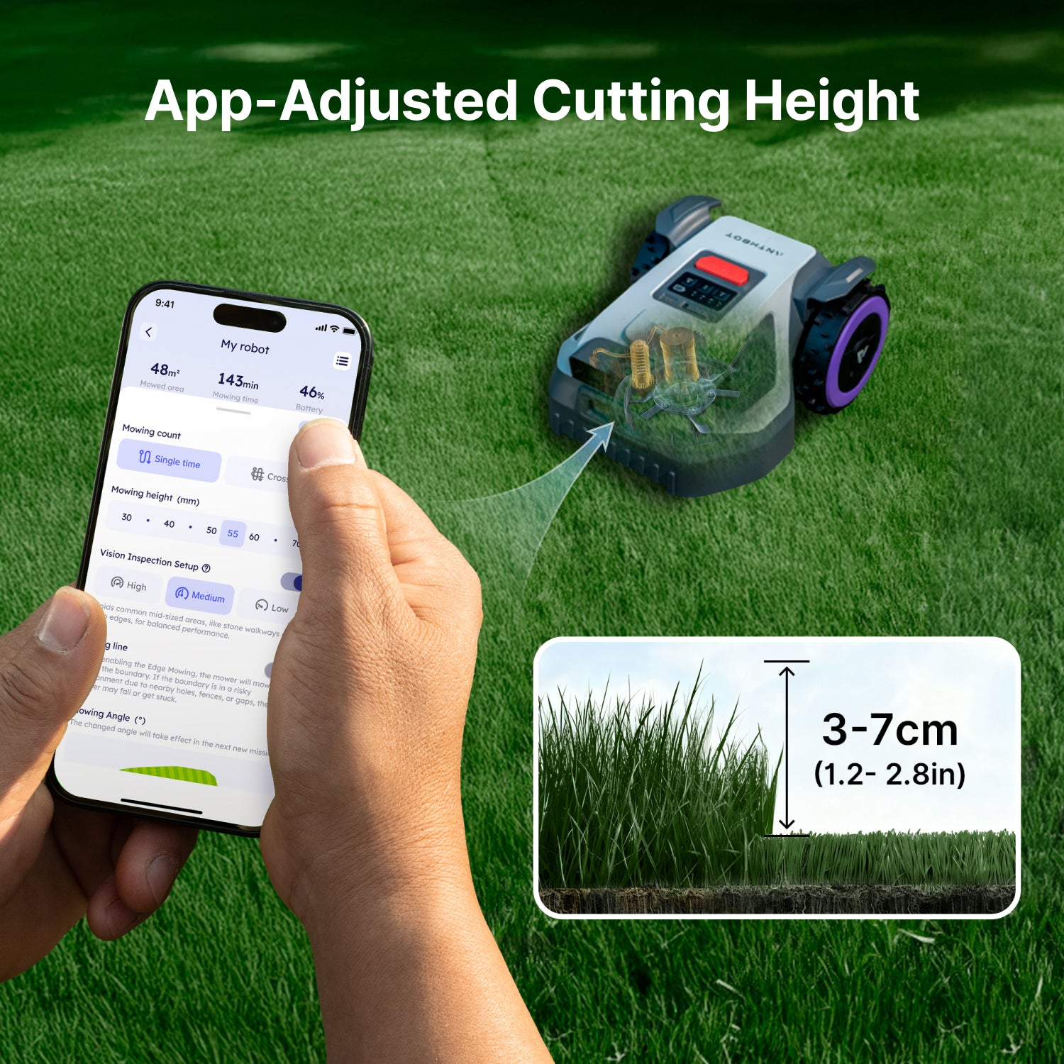 ANTHBOT M5 robot lawn mower with app-adjusted cutting height control from 3 to 7 cm shown on a smartphone,scene