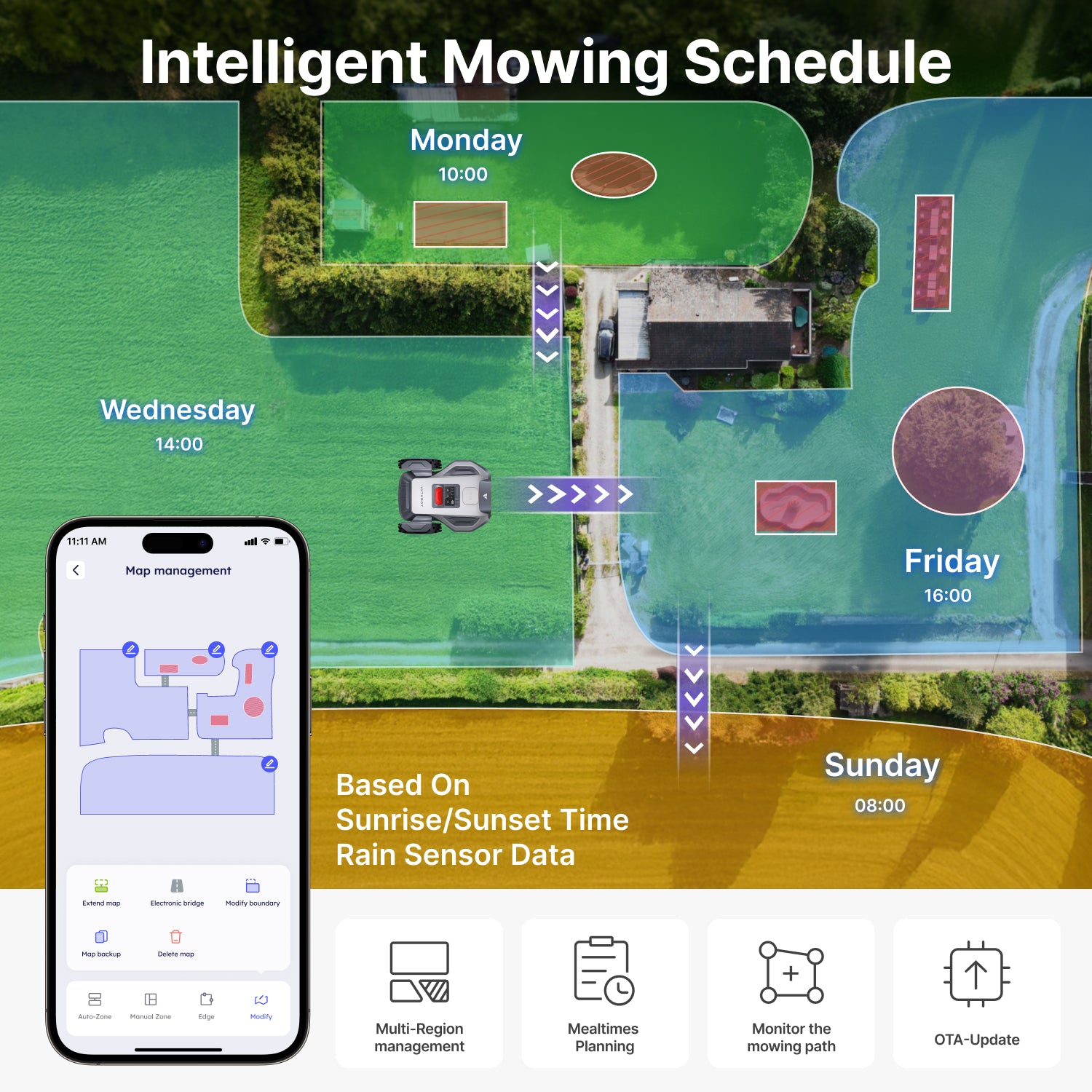 ANTHBOT M5 robot lawn mower with intelligent mowing schedule, multi-zone map management, and app-based planning,scene