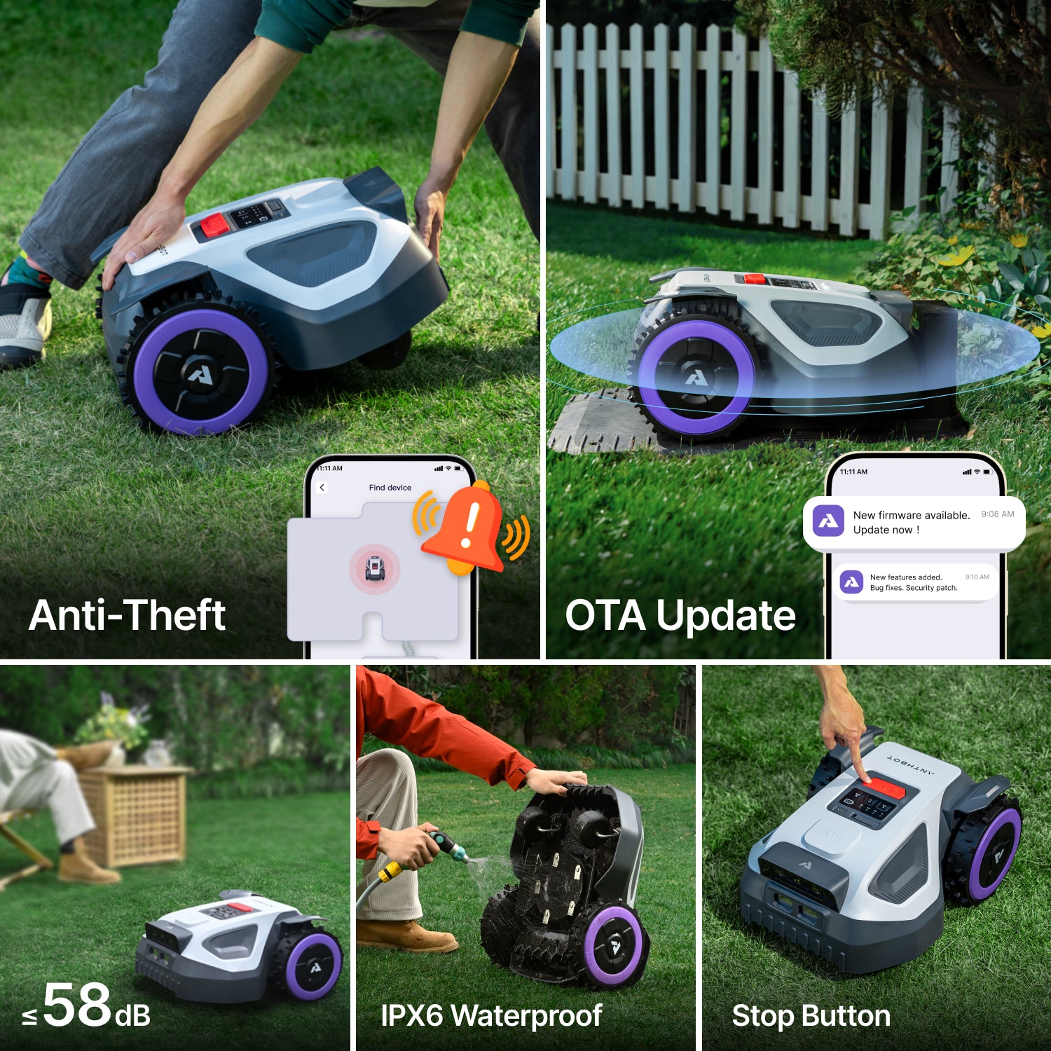 ANTHBOT M5 robot lawn mower showing anti-theft alerts, OTA updates, quiet 58 dB operation, IPX6 waterproofing, and stop button control,scene