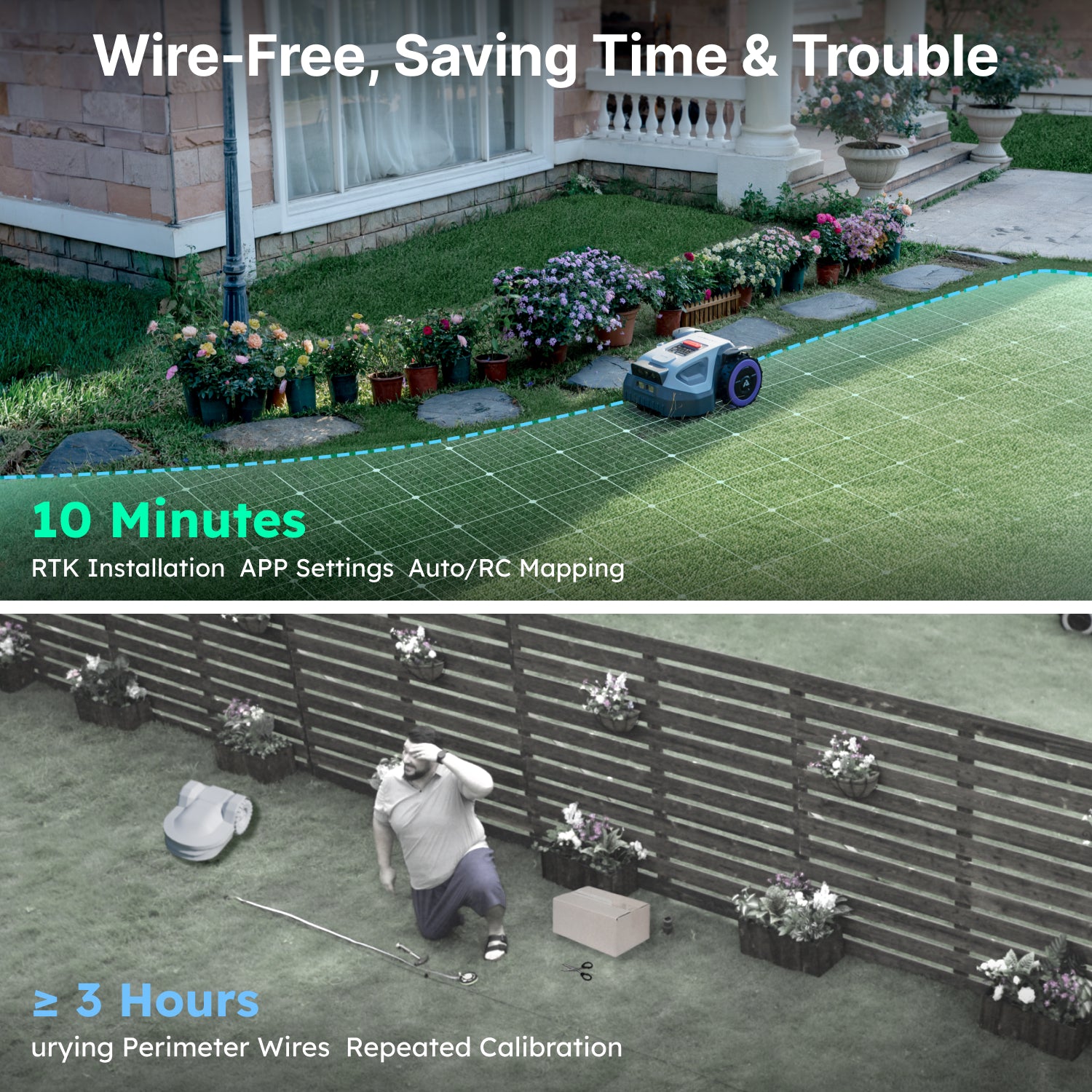 ANTHBOT M5 wire-free robot lawn mower with 10-minute setup and no boundary wire installation required,scene