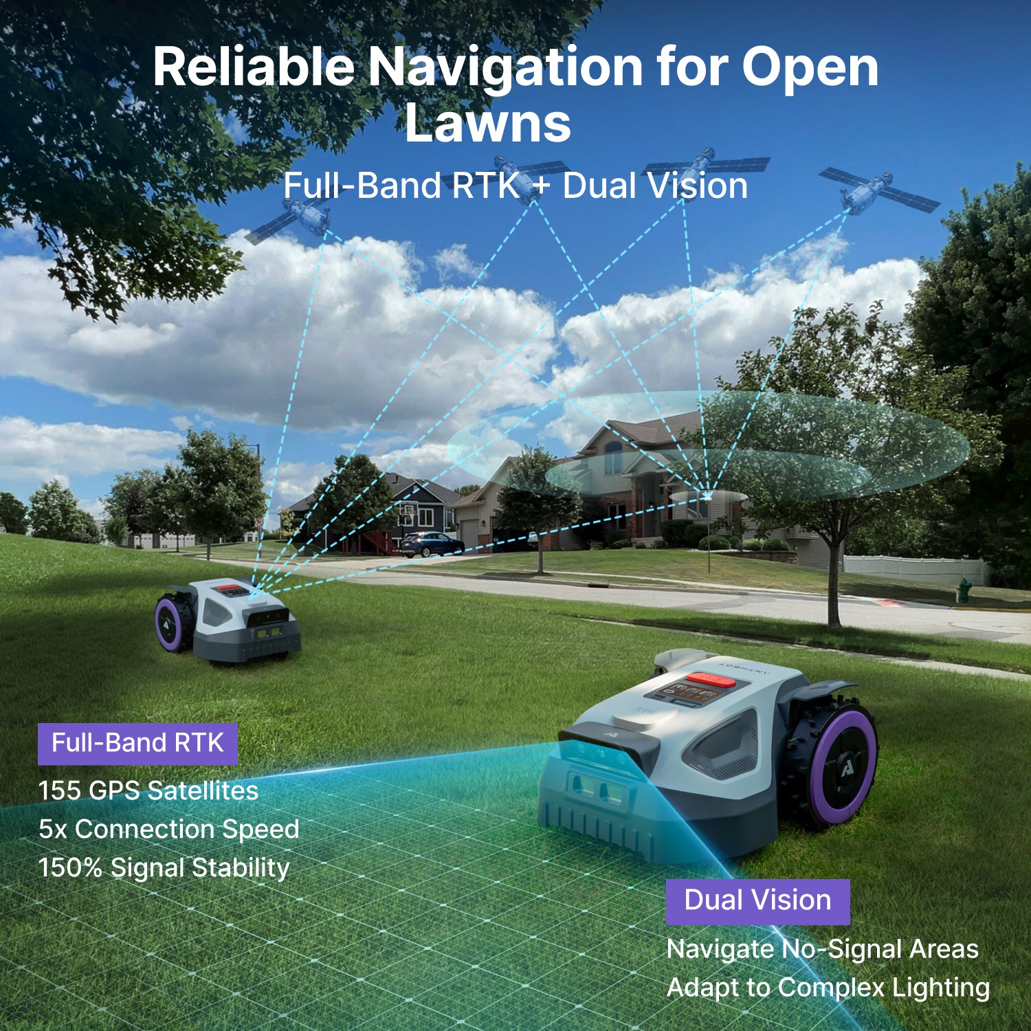 ANTHBOT M5 robot lawn mower navigating an open lawn with Full-Band RTK and Dual Vision coverage,scene