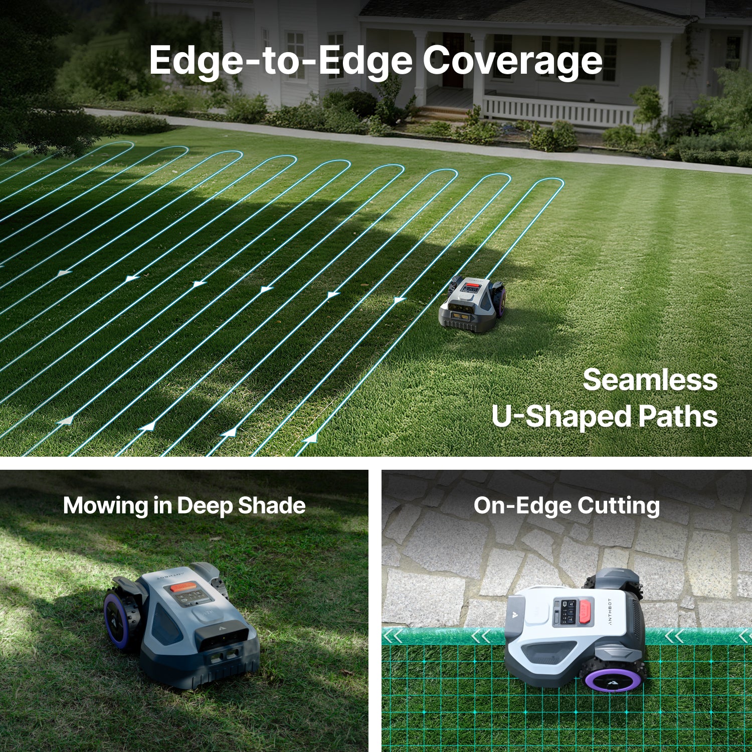 ANTHBOT M5 robot lawn mower delivering edge-to-edge coverage with seamless U-shaped paths, deep shade mowing, and on-edge cutting,scene