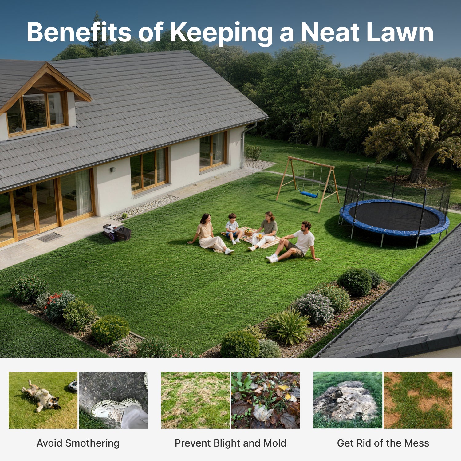 Maintaining a healthy lawn with ANTHBOT N8 Smart LiDAR Mower to prevent blight, mold, and grass smothering for a neat garden,scene