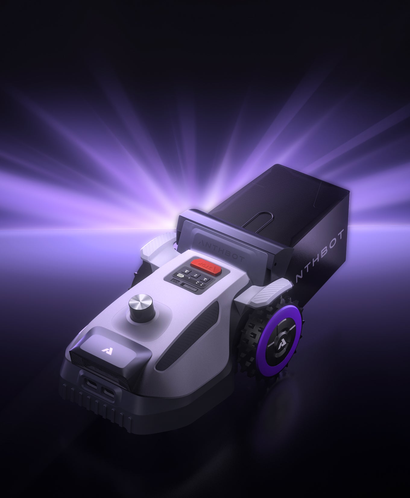 N8 LiDAR automatic lawn mower, displayed in purple studio light with the sensor knob and rear storage module in view.