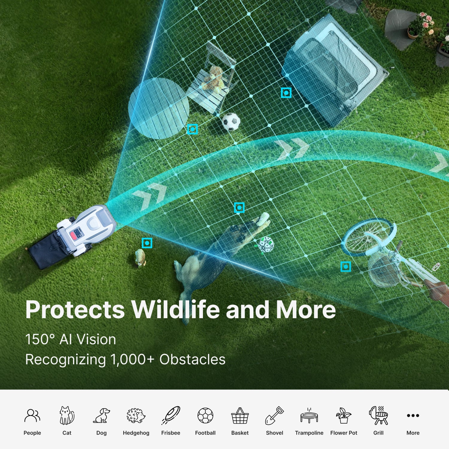 ANTHBOT N8 robot lawn mower using 150° AI vision to recognize 1,000+ obstacles and protect wildlife,scene