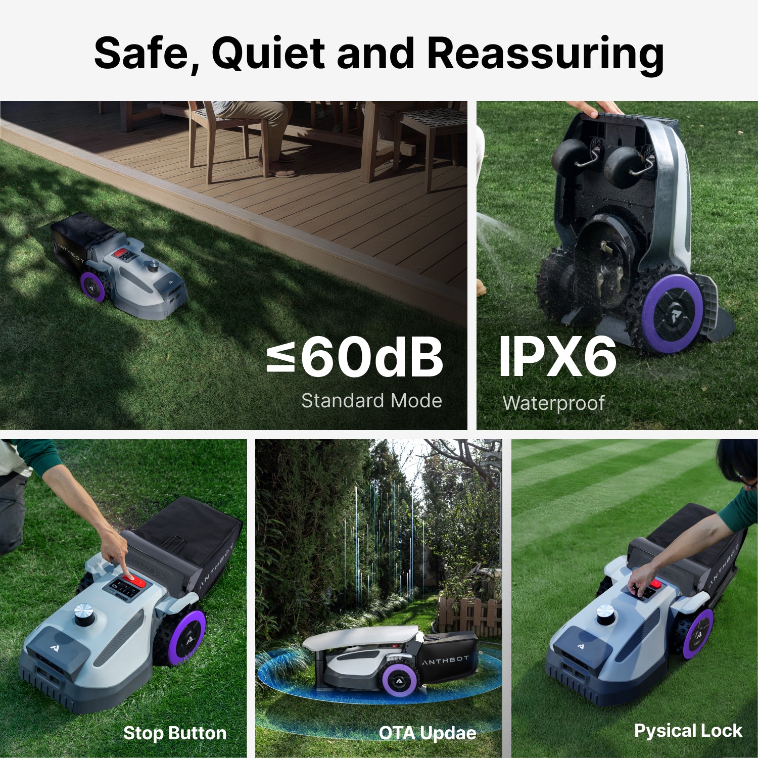 ANTHBOT N8 LiDAR Smart Mower safety features including IPX6 waterproof rating, 60dB quiet mode, and physical safety lock,scene
