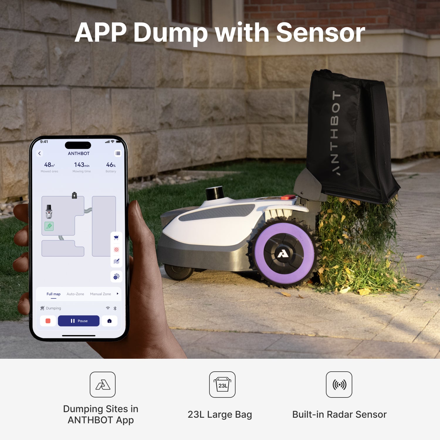 ANTHBOT N8 4-in-1 Smart LiDAR Mower with 23L large bag and radar sensor for automated dumping at designated sites via app,scene