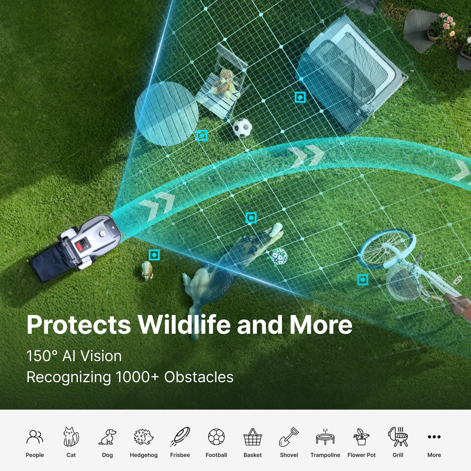 ANTHBOT N8 360° LiDAR Smart Mower with 150° AI Vision recognizing 1000+ obstacles to protect pets and wildlife,scene