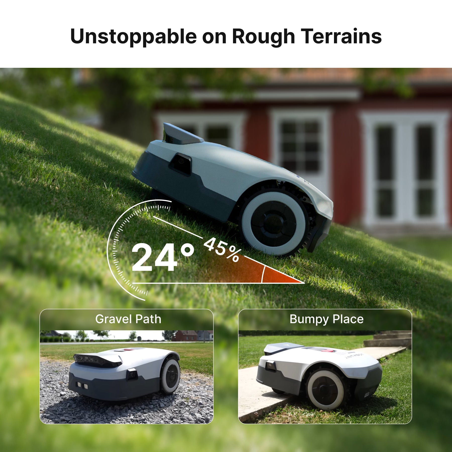 Rough terrain capability of ANTHBOT Genie series robotic lawn mowers