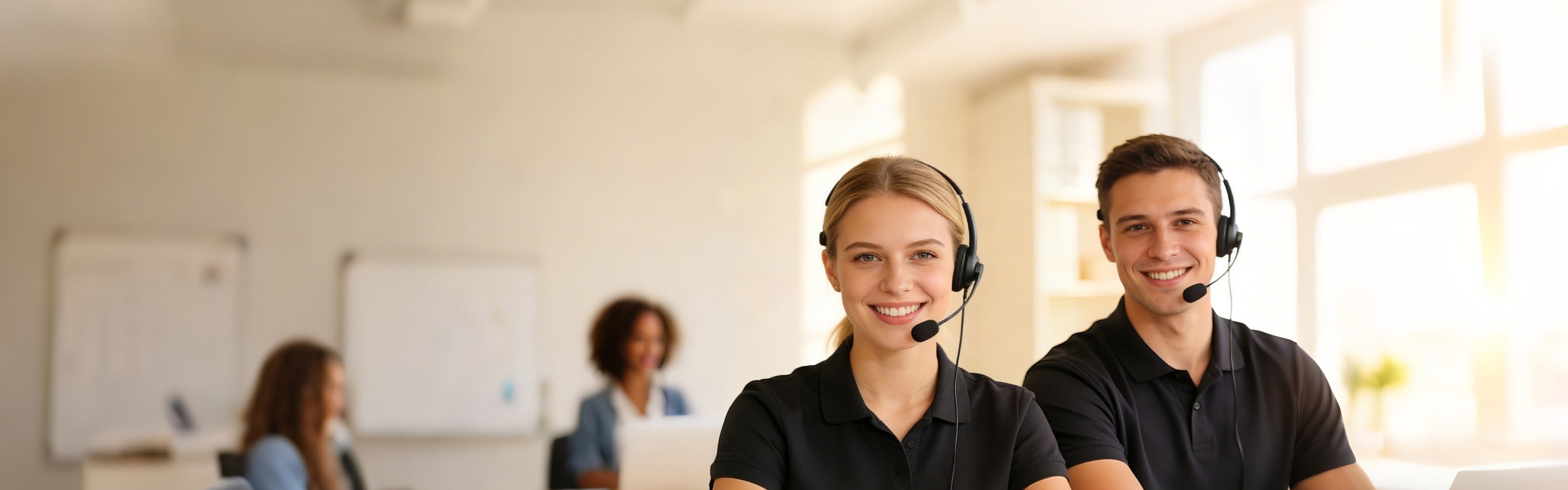 ANTHBOT support team members wearing headsets and smiling in a bright customer service office.