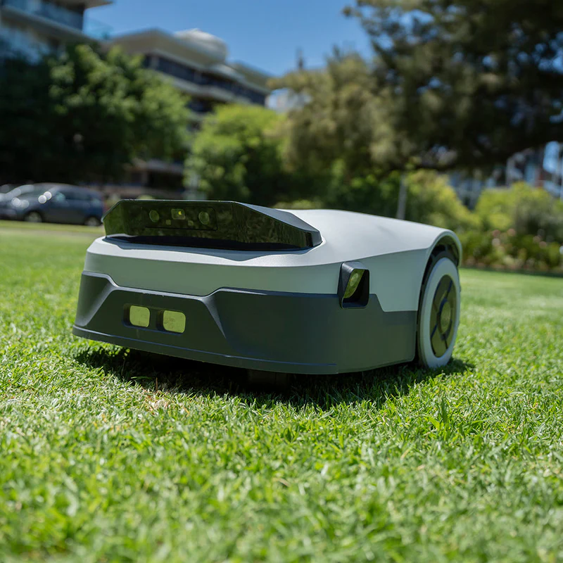 Robotic lawn mower on a healthy green cool-season grass lawn, ideal for low-effort maintenance of fescue and bluegrass turfs.