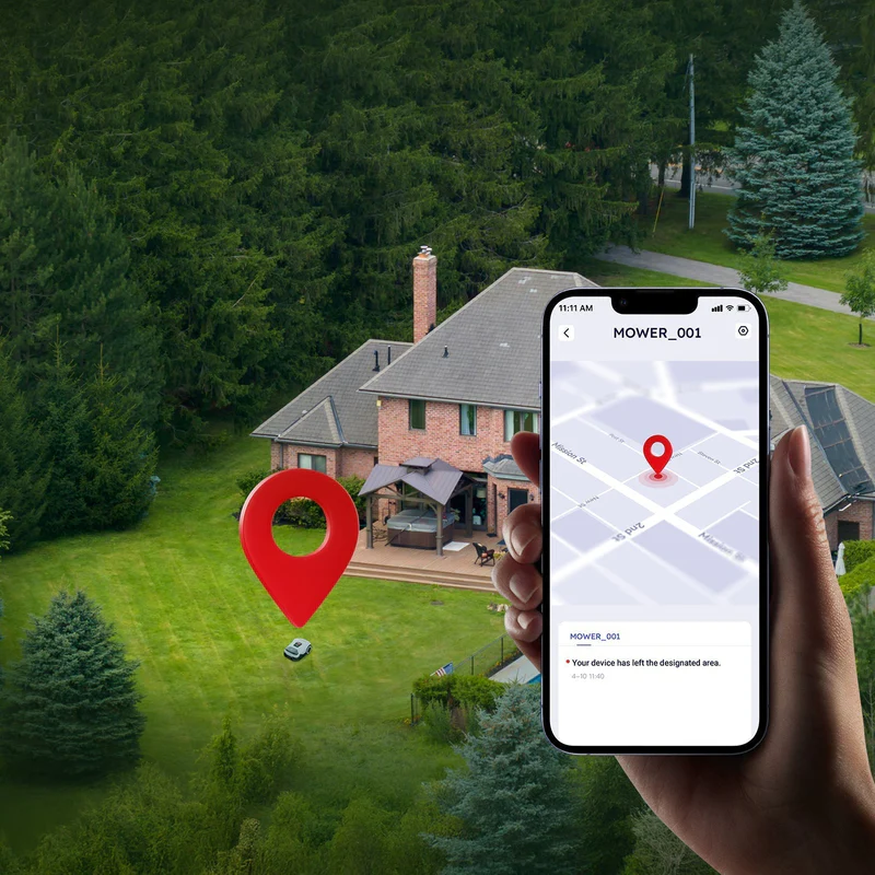 Smartphone displaying GPS lawn mower tracking app with location pin over a residential garden, showing grass type management for cool and warm-season turfs.