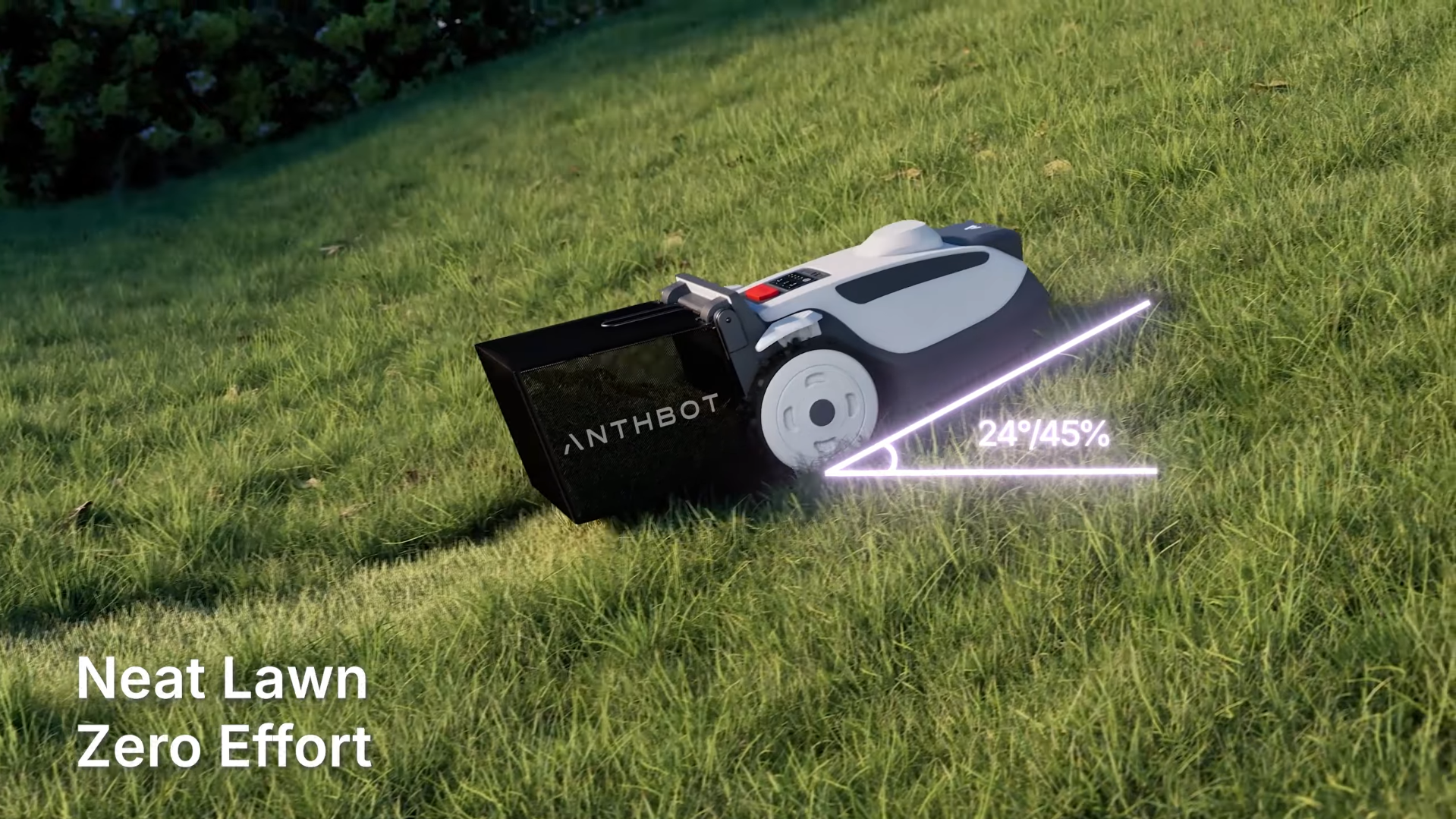 An Anthbot robotic lawn mower safely and effortlessly cutting grass on a steep 24-degree slope, demonstrating an ideal mower solution for hills.