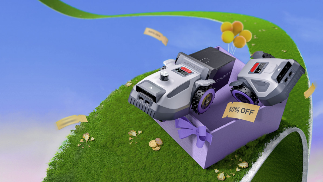 A futuristic Anthbot robotic lawn mower emerging from a purple gift box, surrounded by "50% OFF" tags and gold coins on a stylized green lawn, illustrating deep discounts available on smart lawn care.