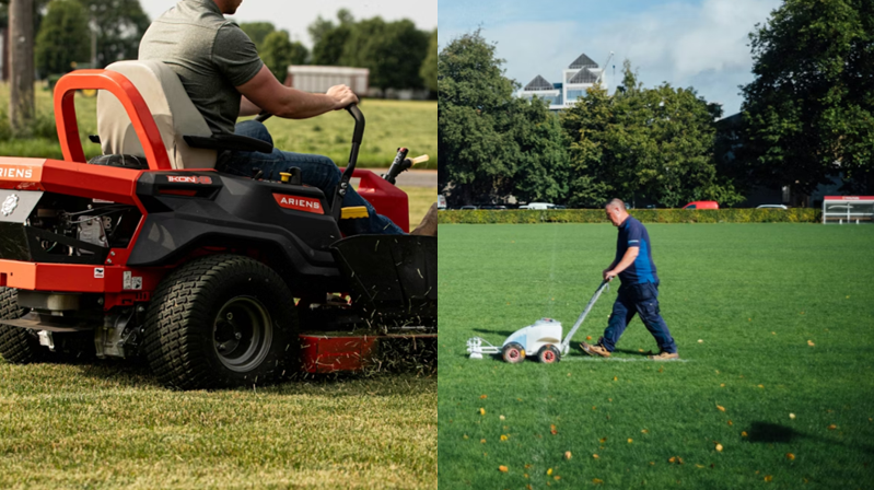 A side-by-side comparison contrasting the low physical effort of operating a powered mower with the labor-intensive task of manually pushing turf equipment, illustrating the core physical differences in the self-propelled versus push mower debate.