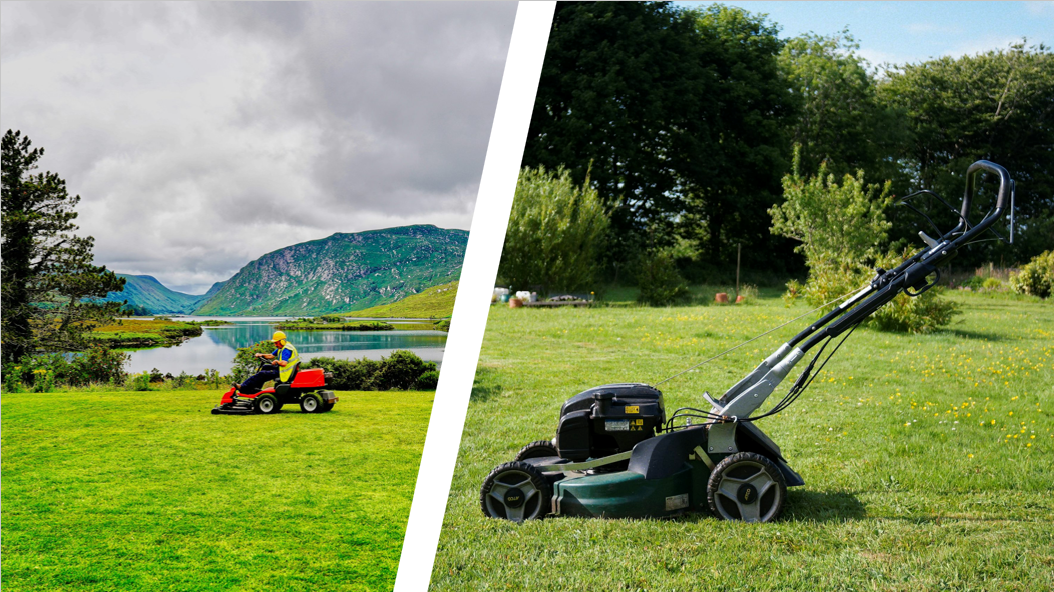A split view showing a heavy-duty ride-on mower by a lake and a standard push mower in a yard, representing the traditional gas-powered options often compared against modern electric alternatives.