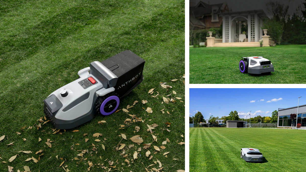 A collage showing an Anthbot robot lawn mower sweeping leaves, maintaining a residential lawn, and cutting a large commercial field, highlighting the different use cases that influence 2026 pricing.