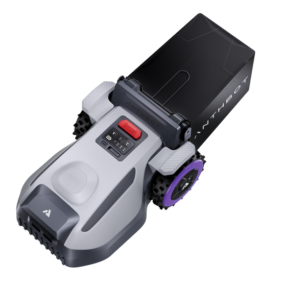 Angled top view of ANTHBOT N8 robotic lawn mower, featuring the front bumper and rear module.