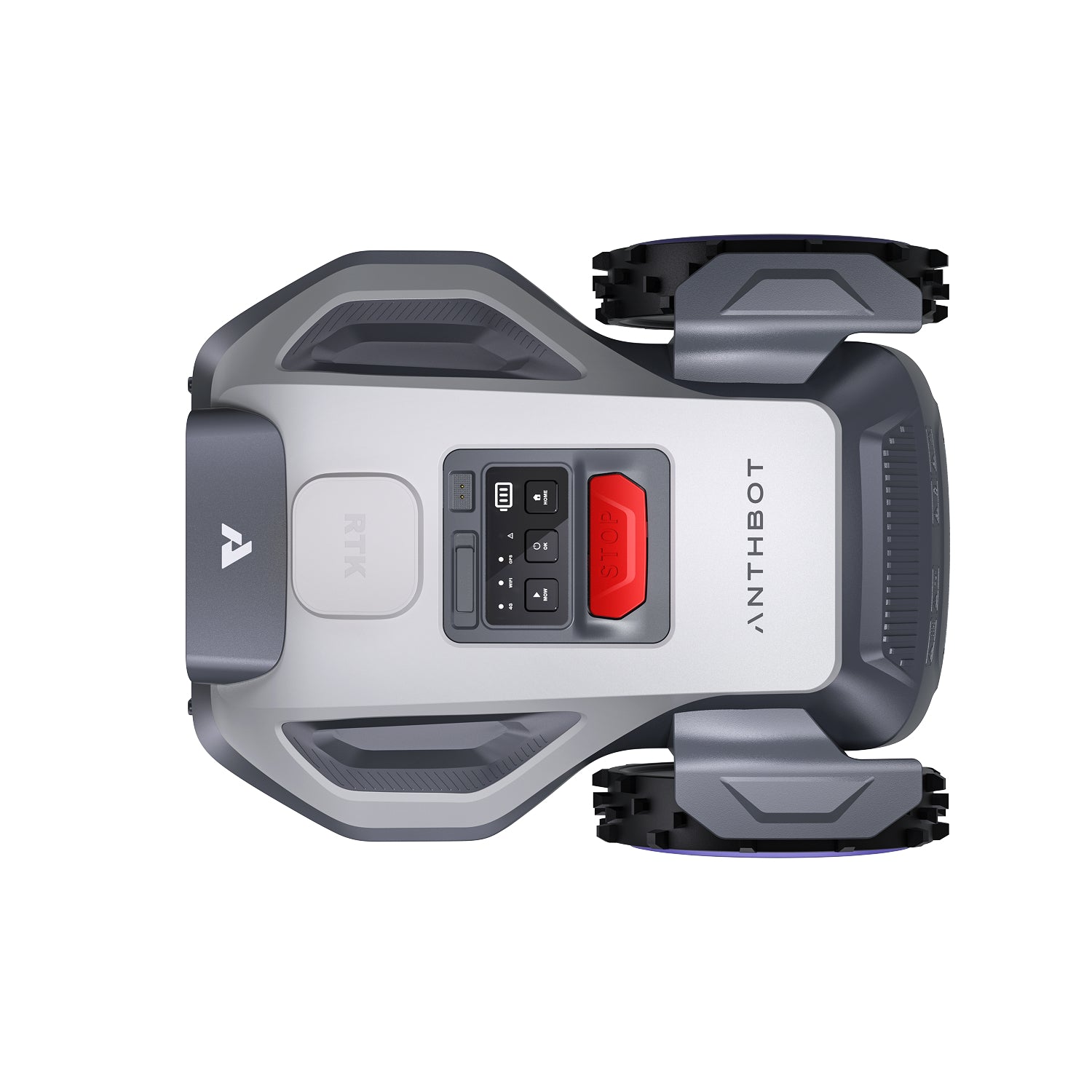Top-down view of ANTHBOT M5 smart lawn mower showing the RTK cover, control panel, and compact body shape,products