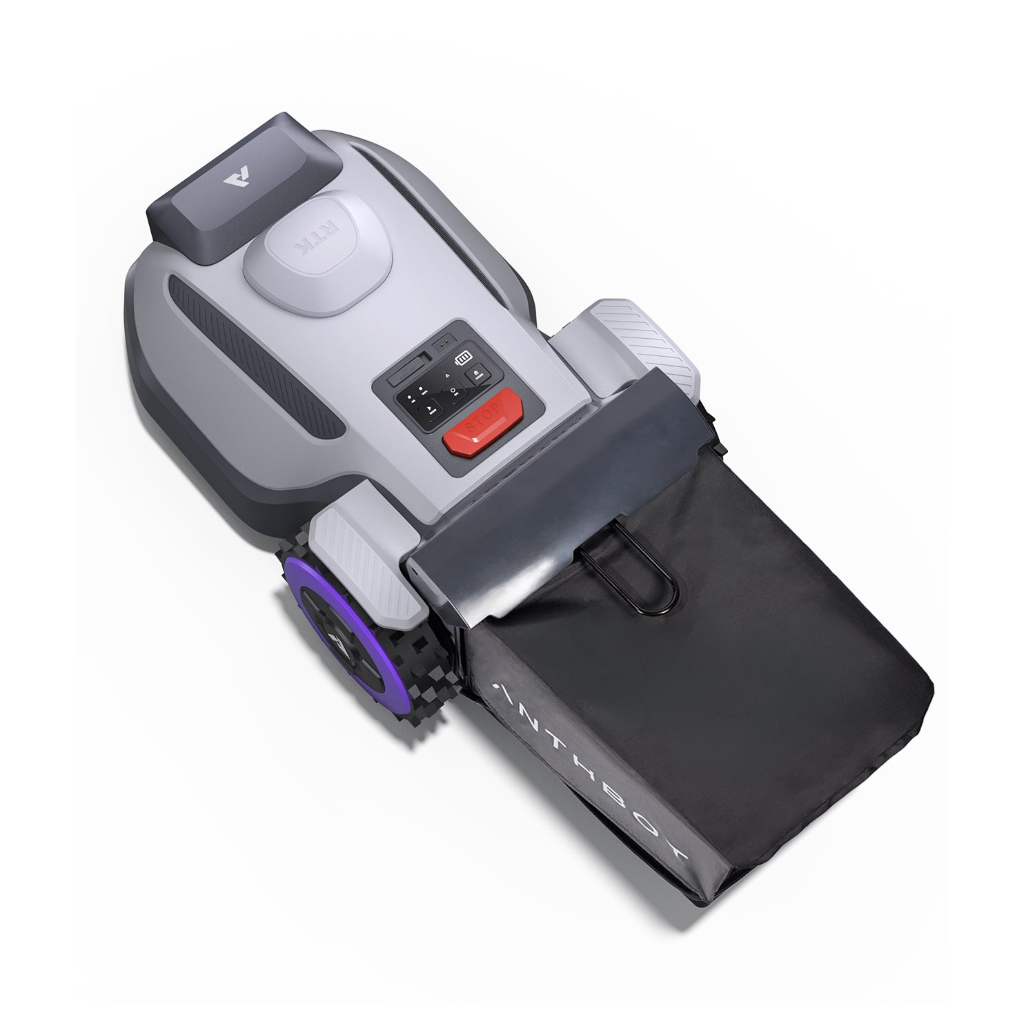 Top angled view of ANTHBOT N8 4-in-1 robot lawn mower with attached grass collector,products