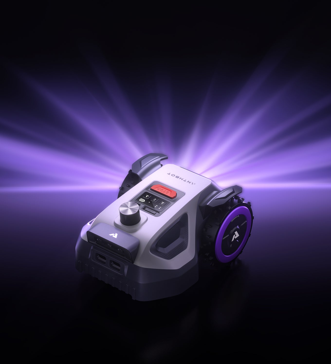 M5 LiDAR robot mower is presented in purple lighting, focusing on the navigation sensor and central control panel.