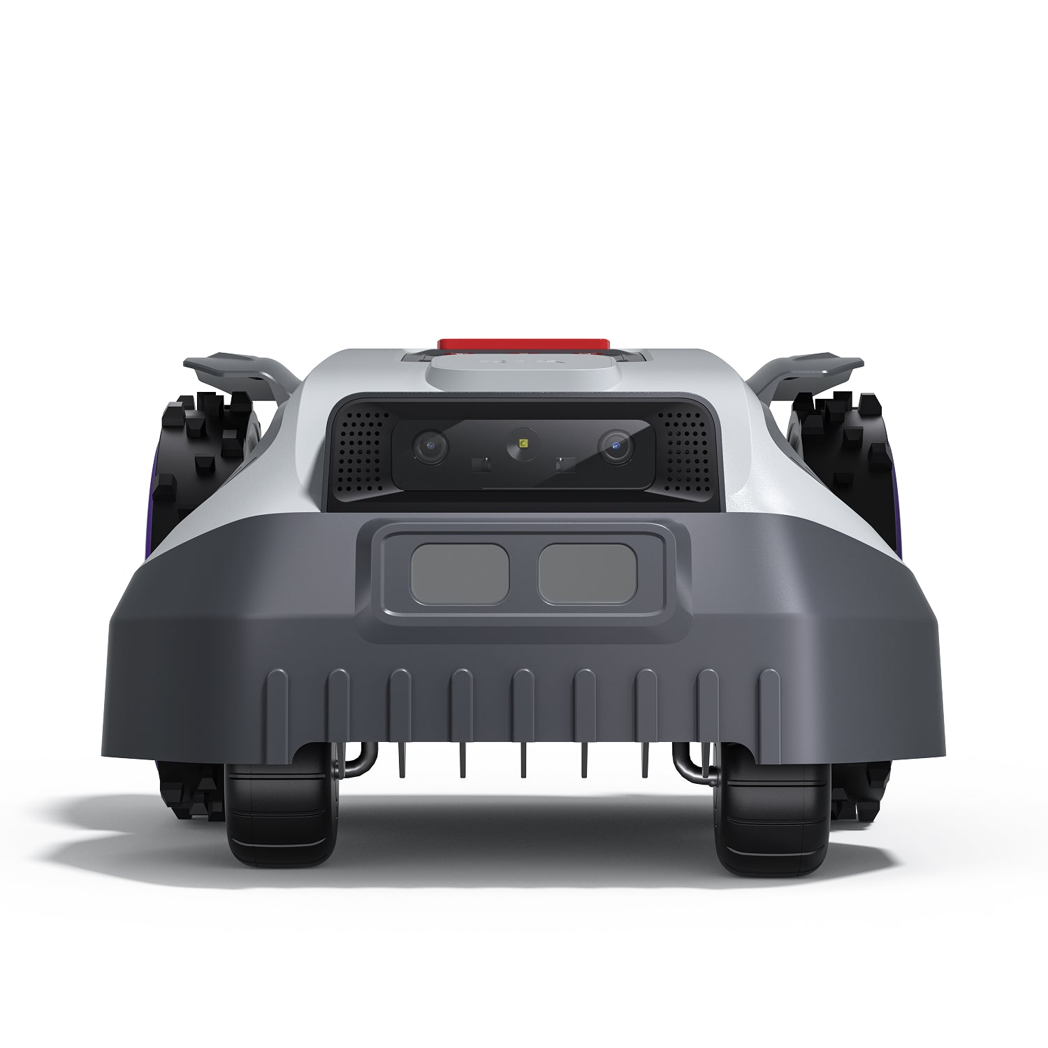 Back view of ANTHBOT M5 robot lawn mower highlighting the dual vision camera module and front bumper design,products