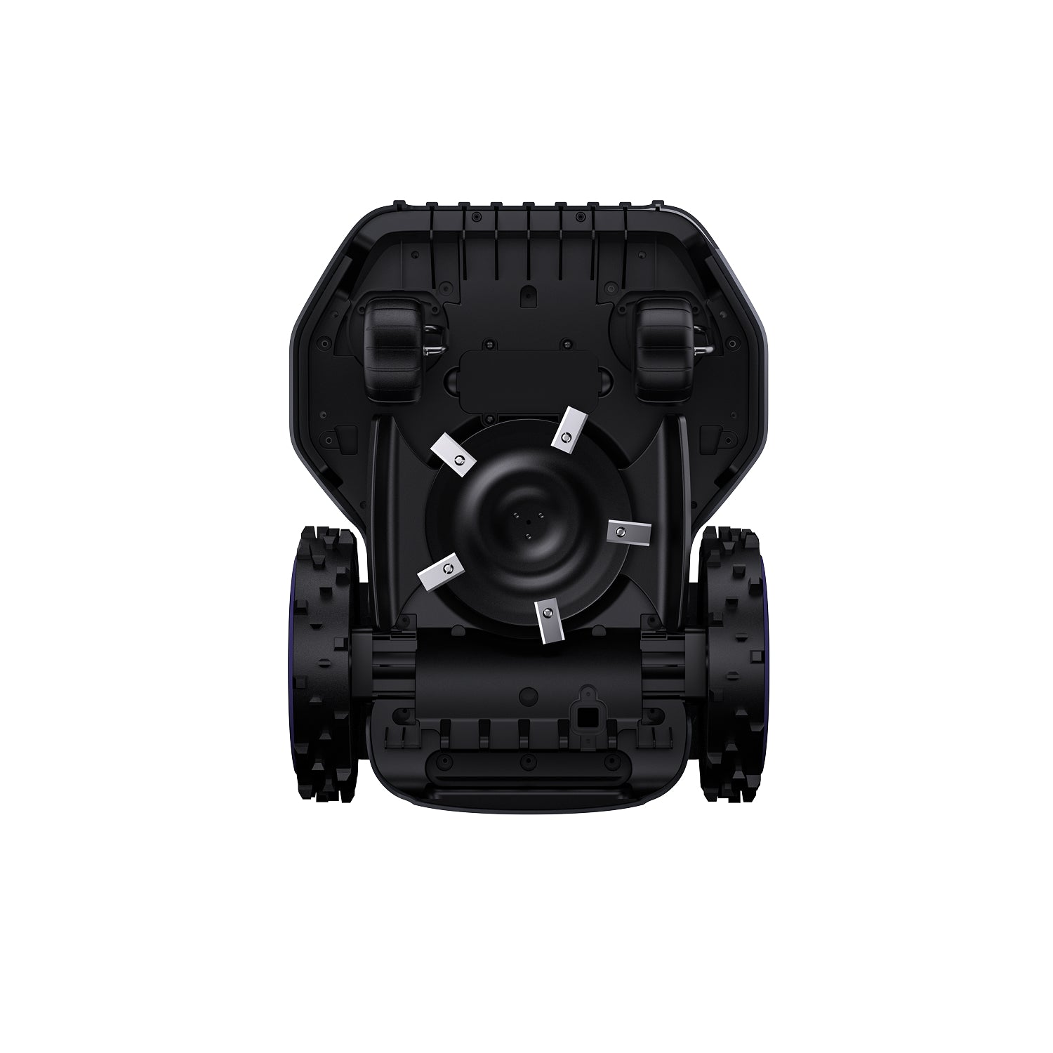 Underside of ANTHBOT M5 compact robot lawn mower with 5-blade cutting disc and front caster wheels visible,products