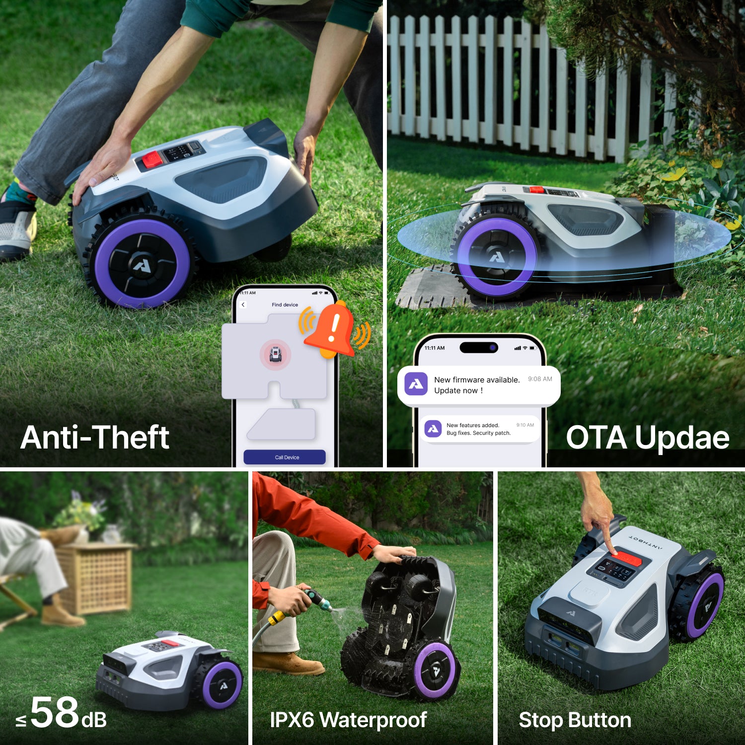 ANTHBOT M5 robot lawn mower showing anti-theft alerts, OTA updates, quiet 58 dB operation, IPX6 waterproofing, and stop button control,scene