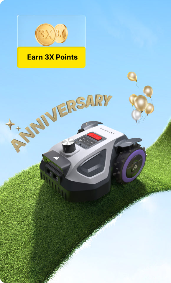 ANTHBOT M5 LiDAR robot lawn mower on a curved grass path with anniversary letters, balloons, and 3X points offer.