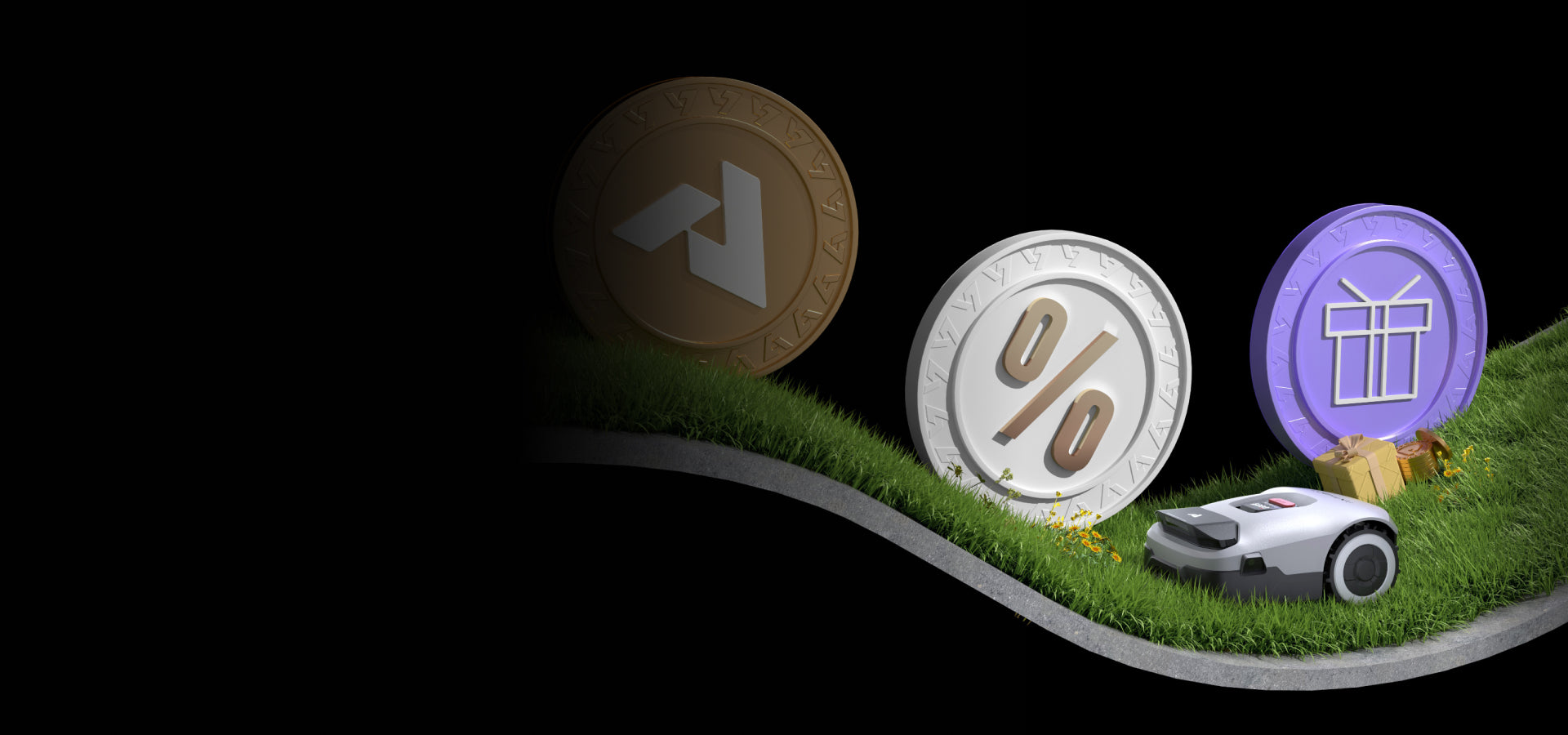 ANTHBOT robotic lawn mower on green grass, representing the rewards program.