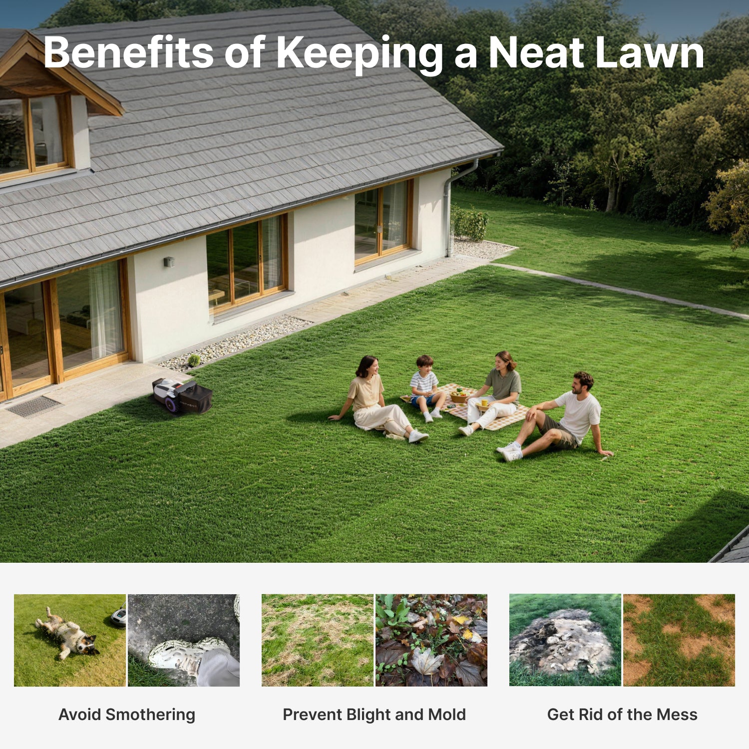 ANTHBOT N8 robot lawn mower keeping a family lawn neat by helping avoid smothering, blight, mold, and lawn mess,scene