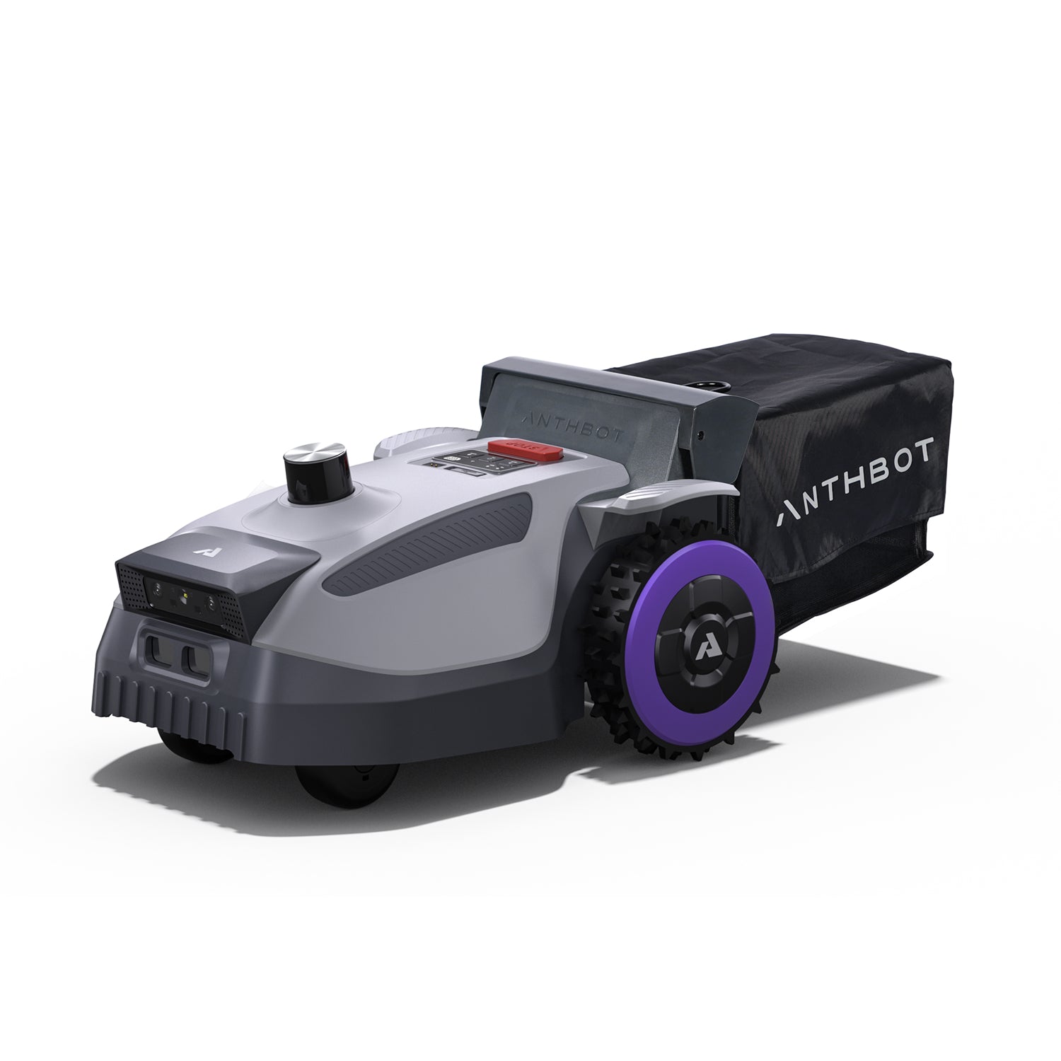Front angled view of ANTHBOT N8 360° LiDAR 4-in-1 Smart Mower with collection bag attached,products