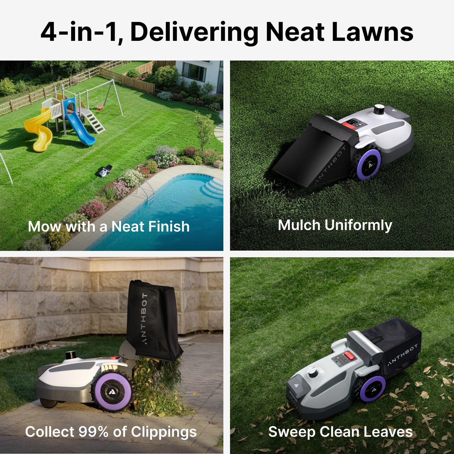 ANTHBOT N8 360° LiDAR 4-in-1 Smart Mower functions: precision mowing, uniform mulching, grass clipping collection, and leaf sweeping,scene