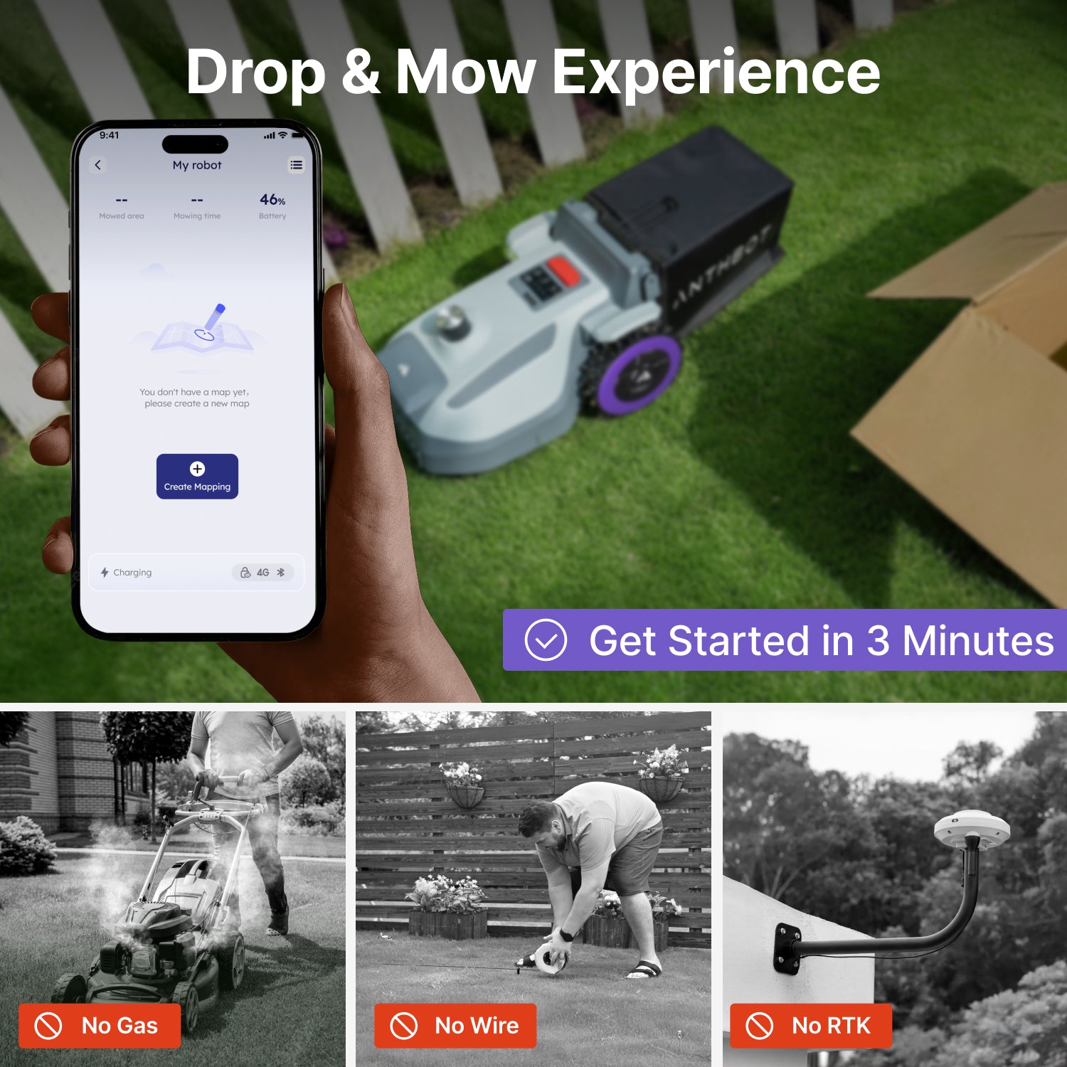 ANTHBOT N8 4-in-1 Smart LiDAR Mower Drop and Mow experience featuring wire-free and No-RTK setup via app in 3 minutes,scene