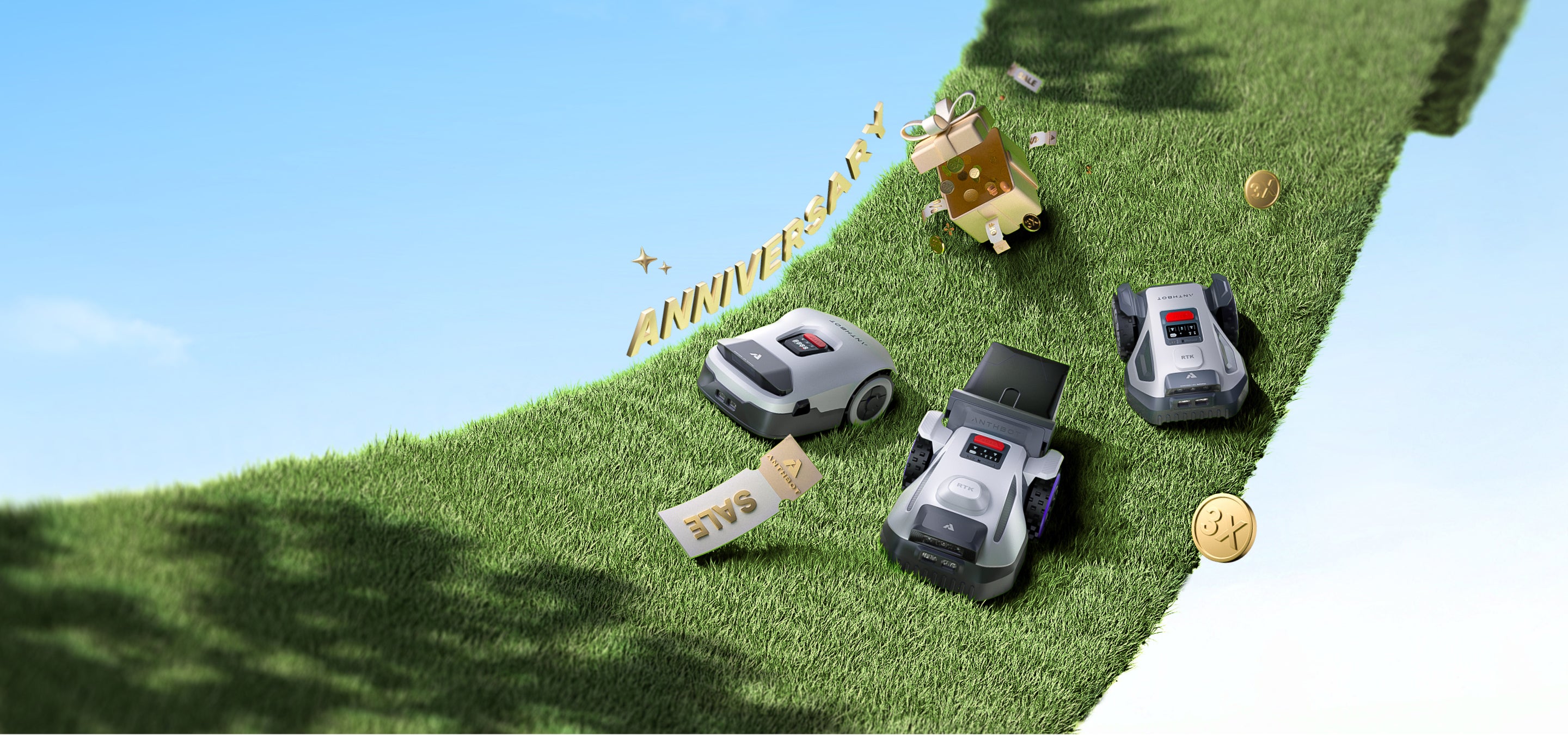 ANTHBOT anniversary display with three robot lawn mowers arranged on a sweeping lawn path.