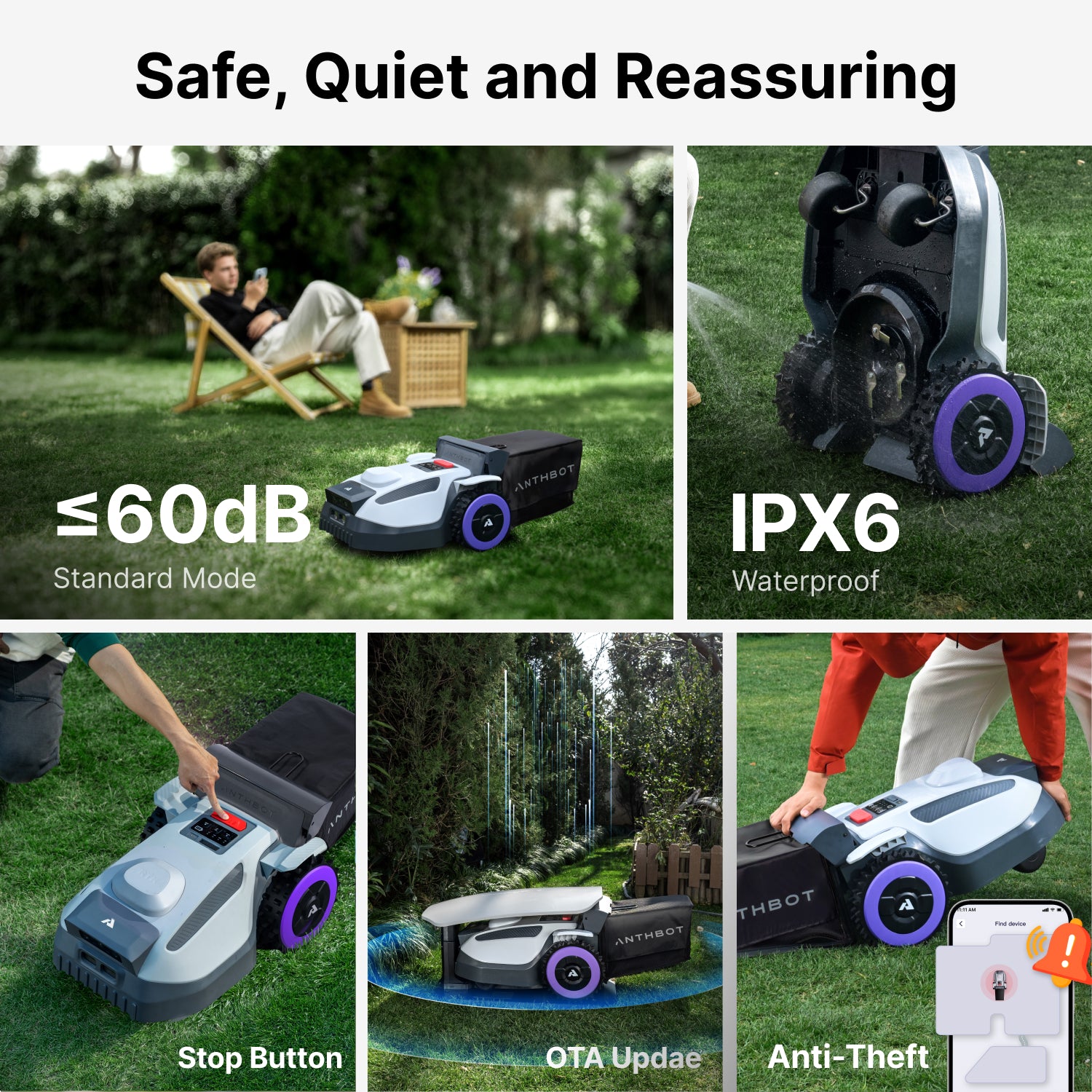 ANTHBOT N8 robot lawn mower featuring quiet operation, IPX6 waterproofing, stop button control, OTA updates, and anti-theft protection,scene